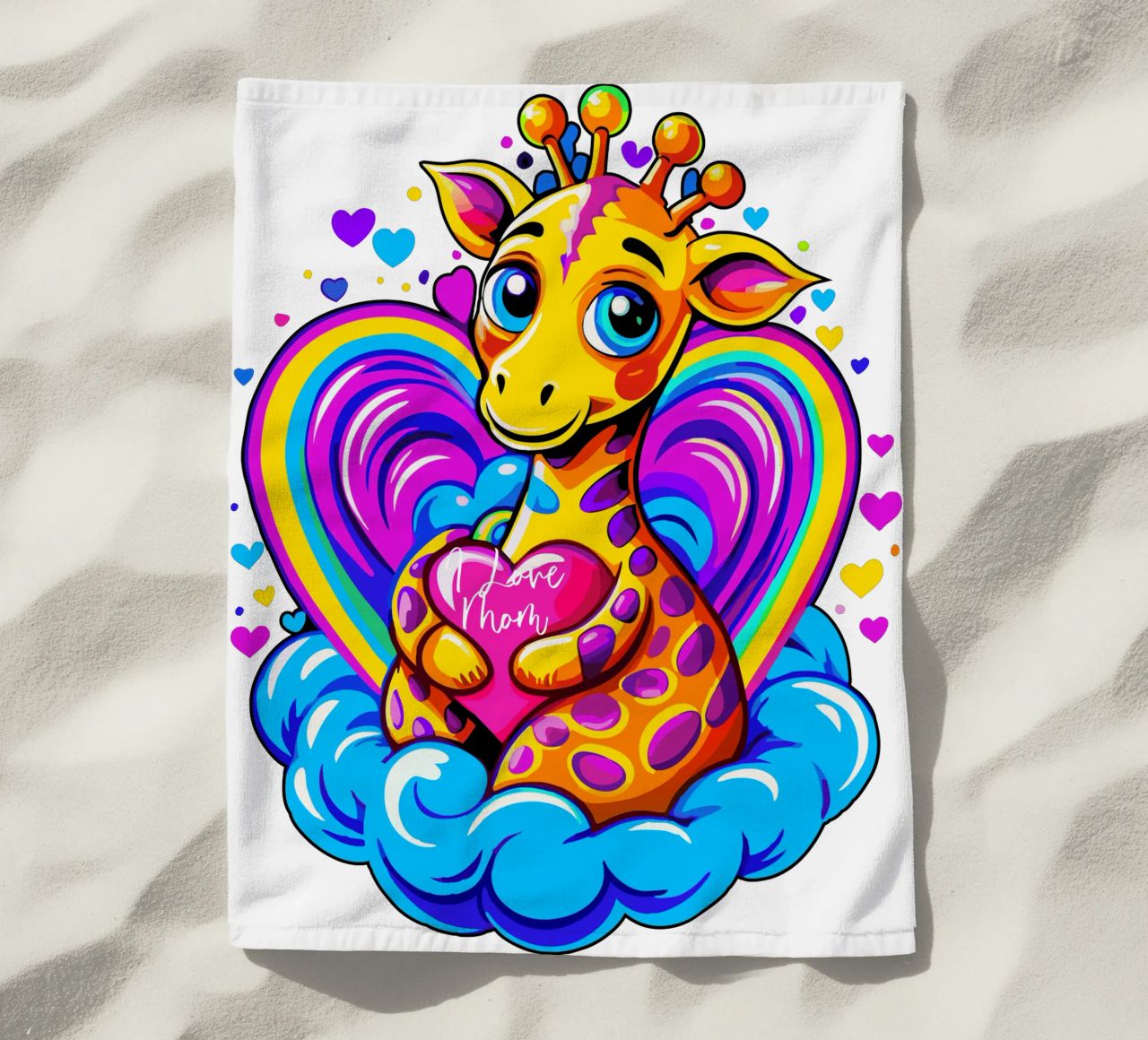 Simpatica giraffa che abbraccia un cuore in un cuscino su una nuvola - Aggiungi nome telo mare da Artnesia
