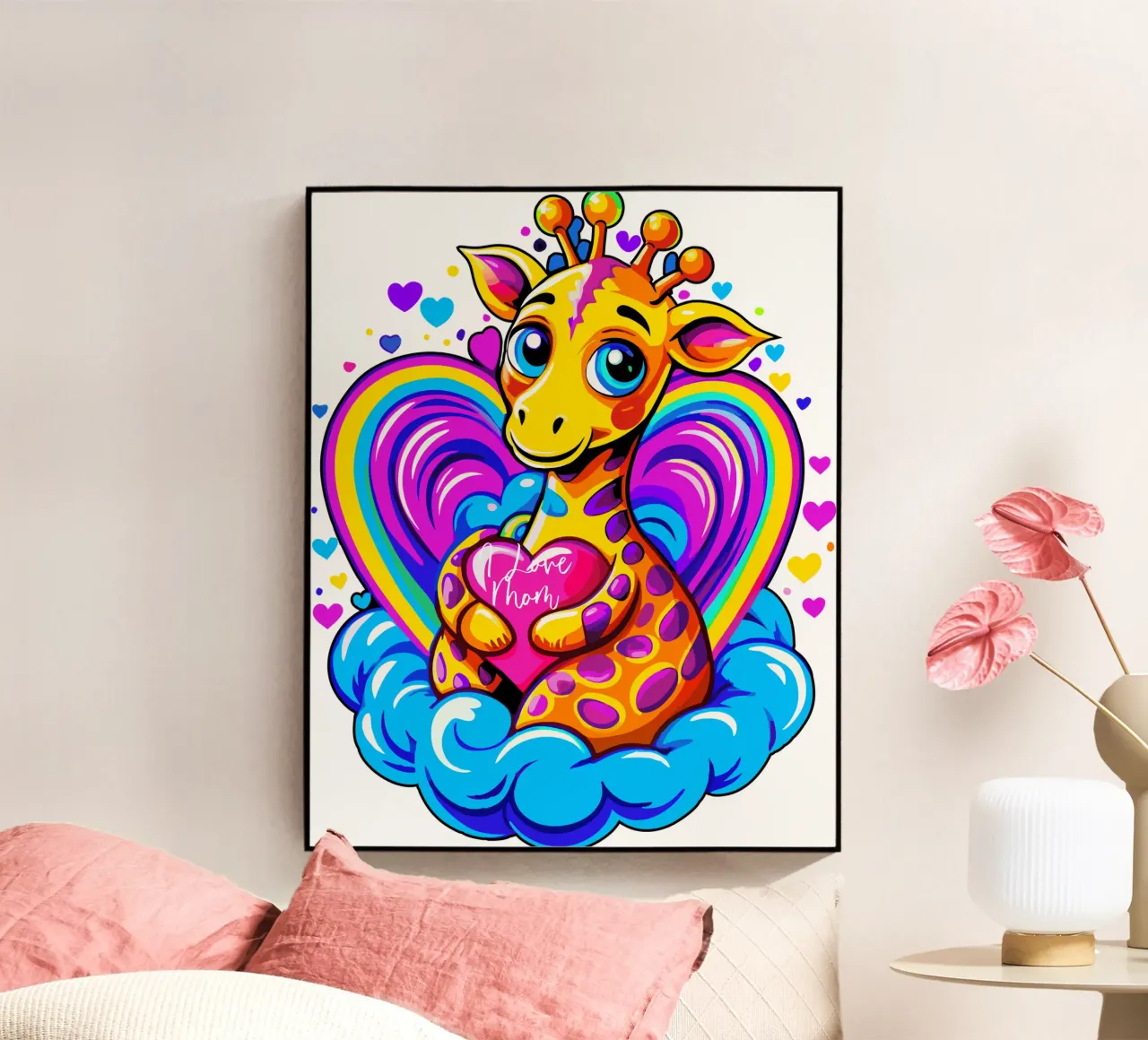 Simpatica giraffa che abbraccia un cuore in un cuscino su una nuvola - Aggiungi nome plexiglass da Artnesia