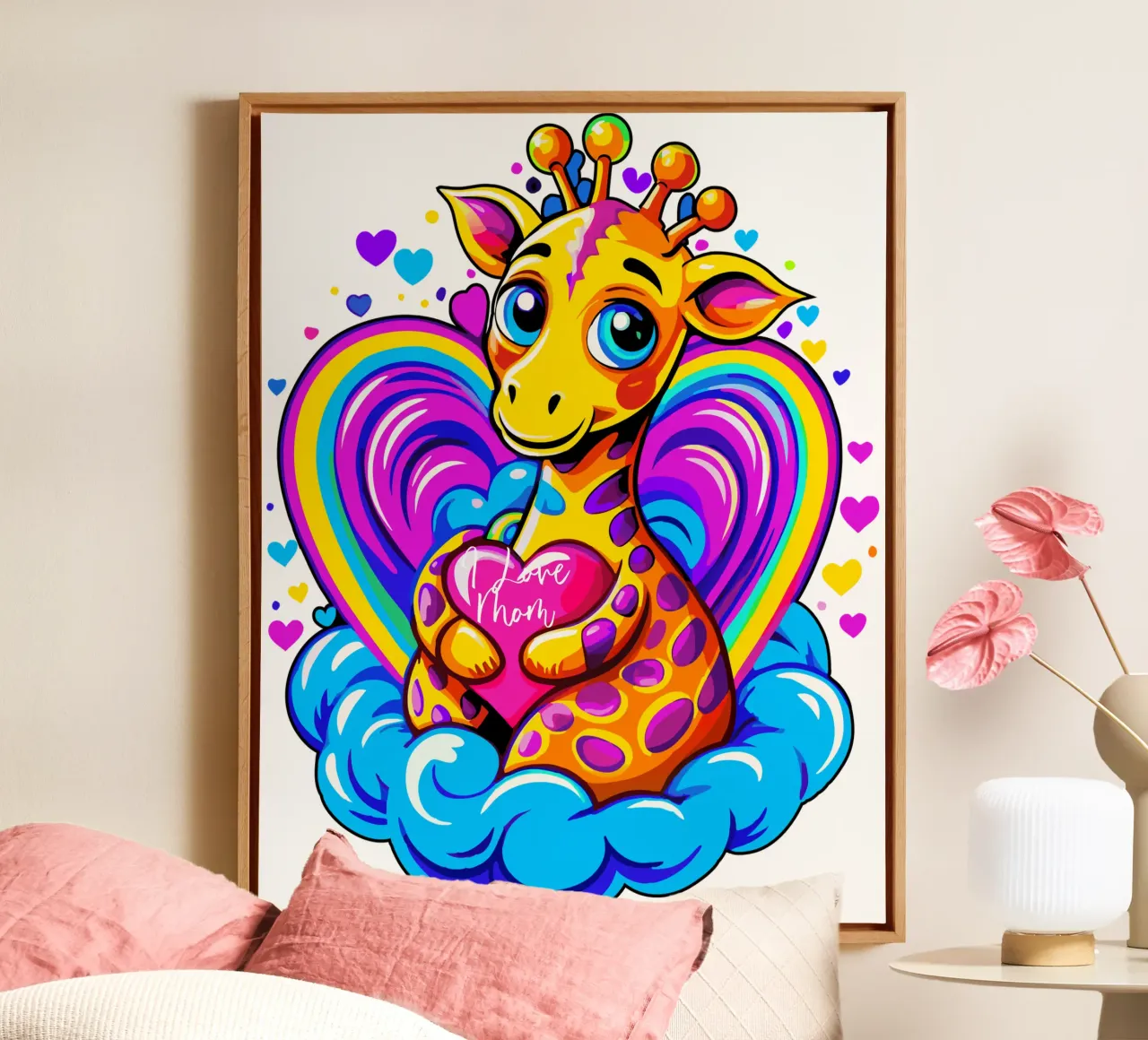 Cute Giraffe Hugging a Heart Pillow on a Cloud - Add Name canvas by Artnesia