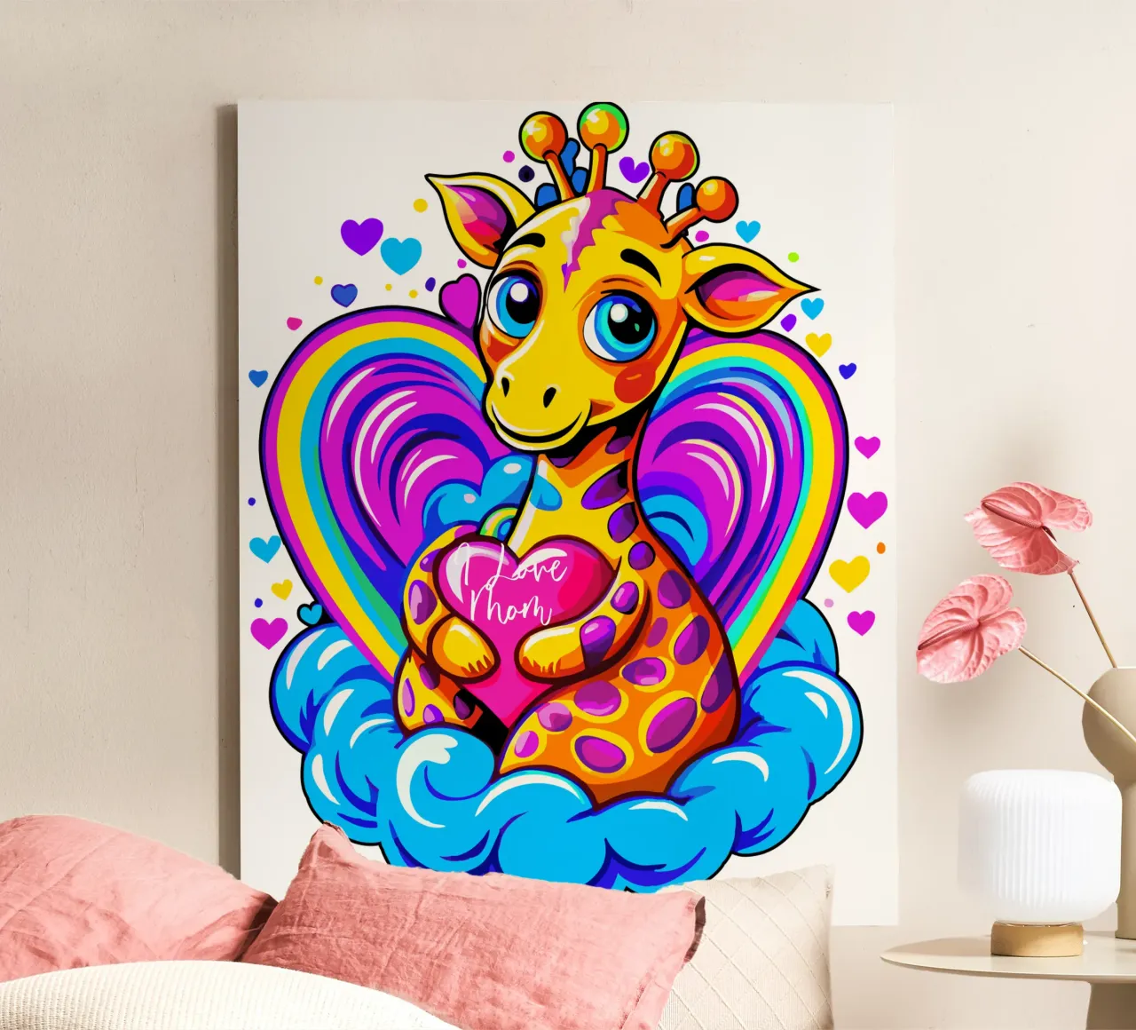 Cute Giraffe Hugging a Heart Pillow on a Cloud - Add Name canvas by Artnesia