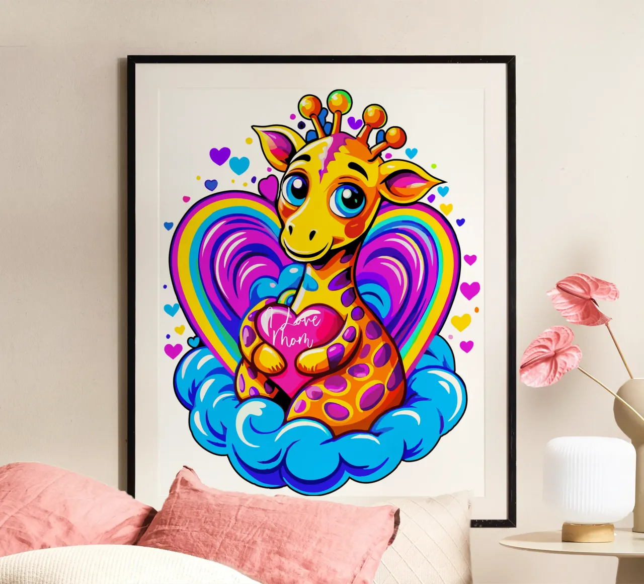 Almohada Jirafa Abrazando un Corazón sobre una Nube - Añadir nombre hahnemühle de Artnesia