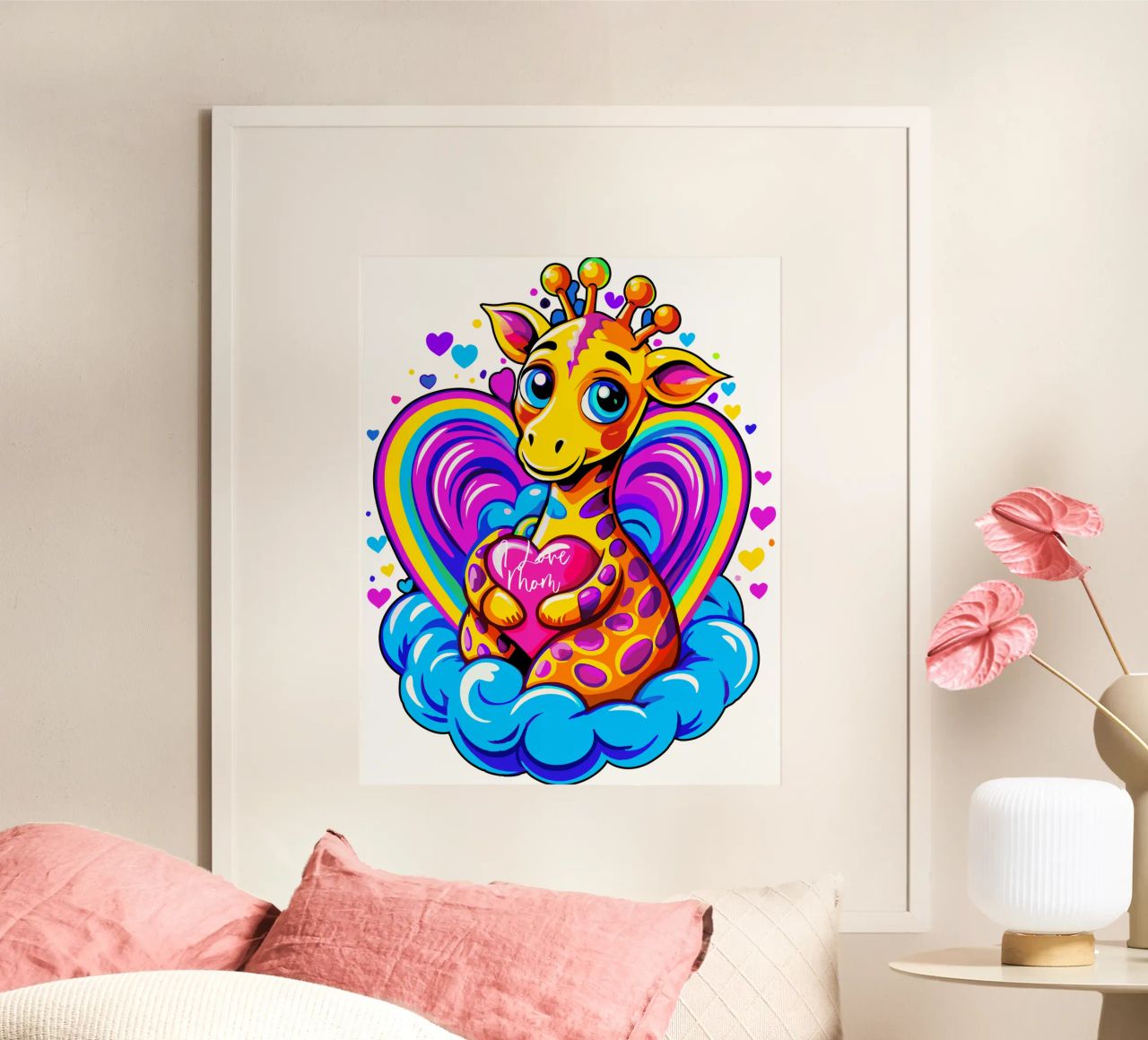 Cute Giraffe Hugging a Heart Pillow on a Cloud - Add Name hahnemühle by Artnesia