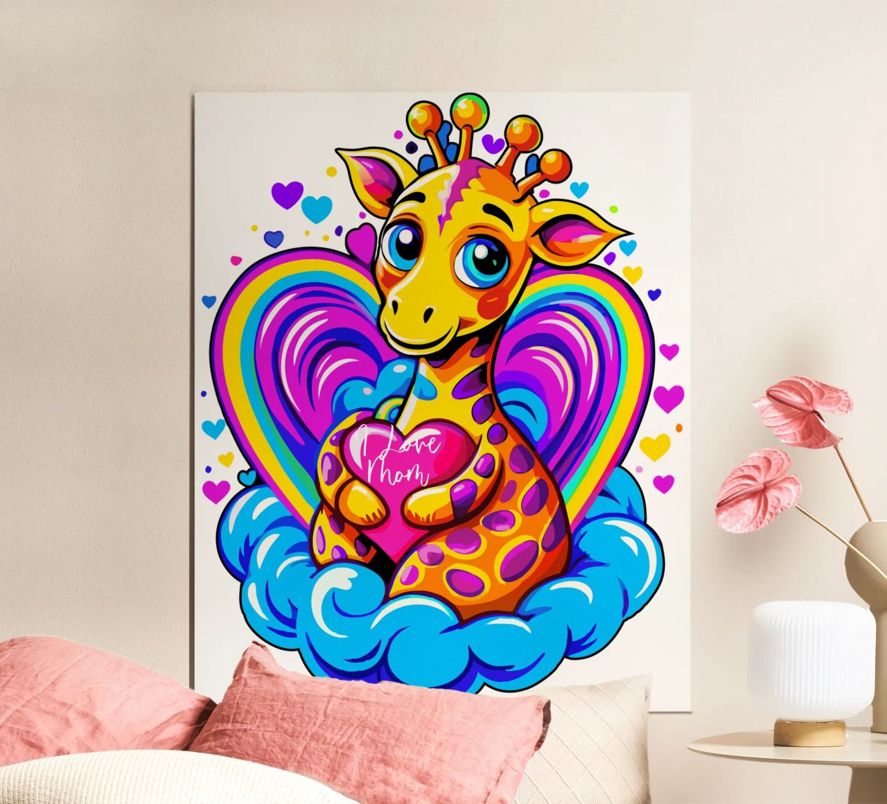 Cute Giraffe Hugging a Heart Pillow on a Cloud - Add Name hahnemühle by Artnesia