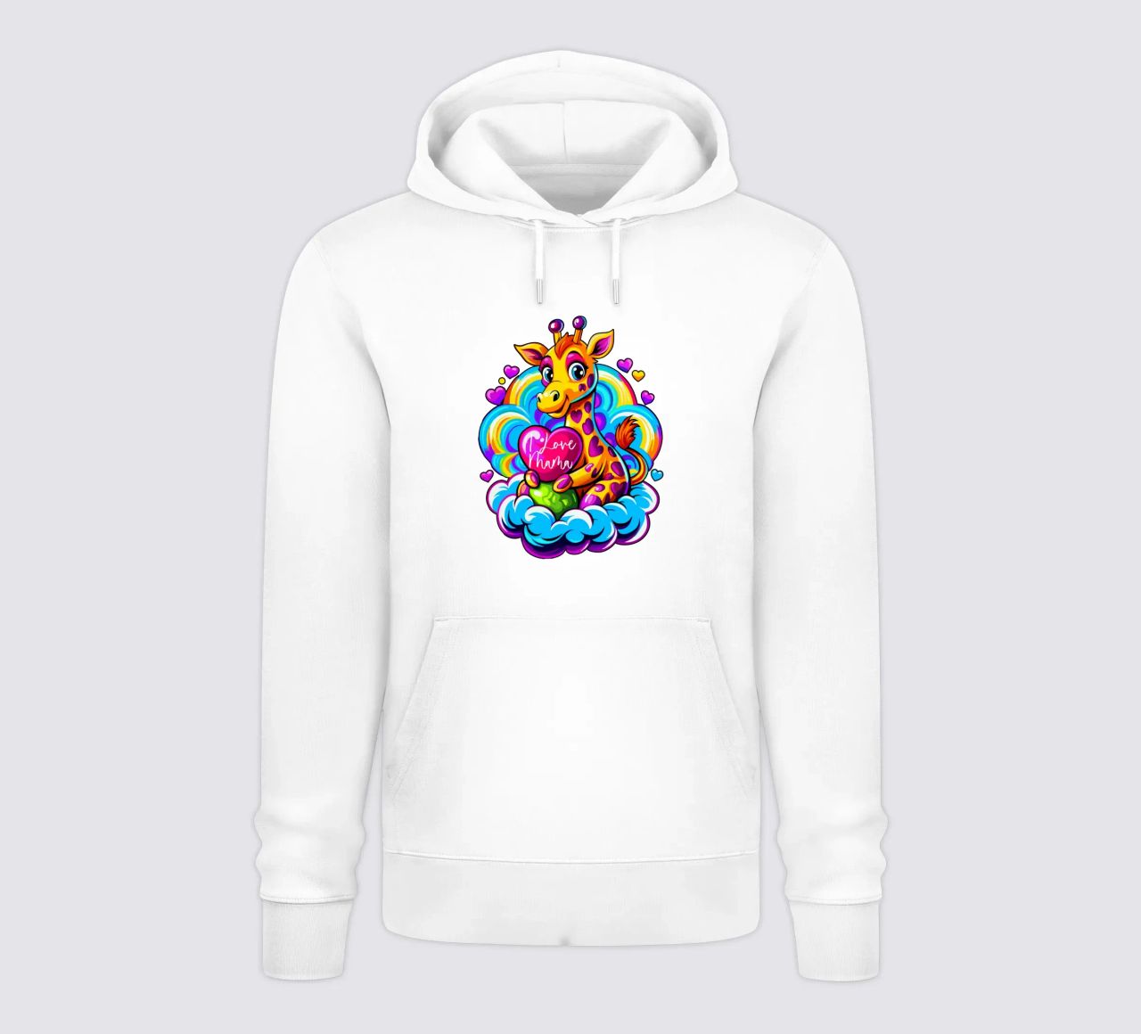 Simpatica giraffa che abbraccia un cuore su una nuvola - Aggiungi Personalizzato felpa con cappuccio da Artnesia