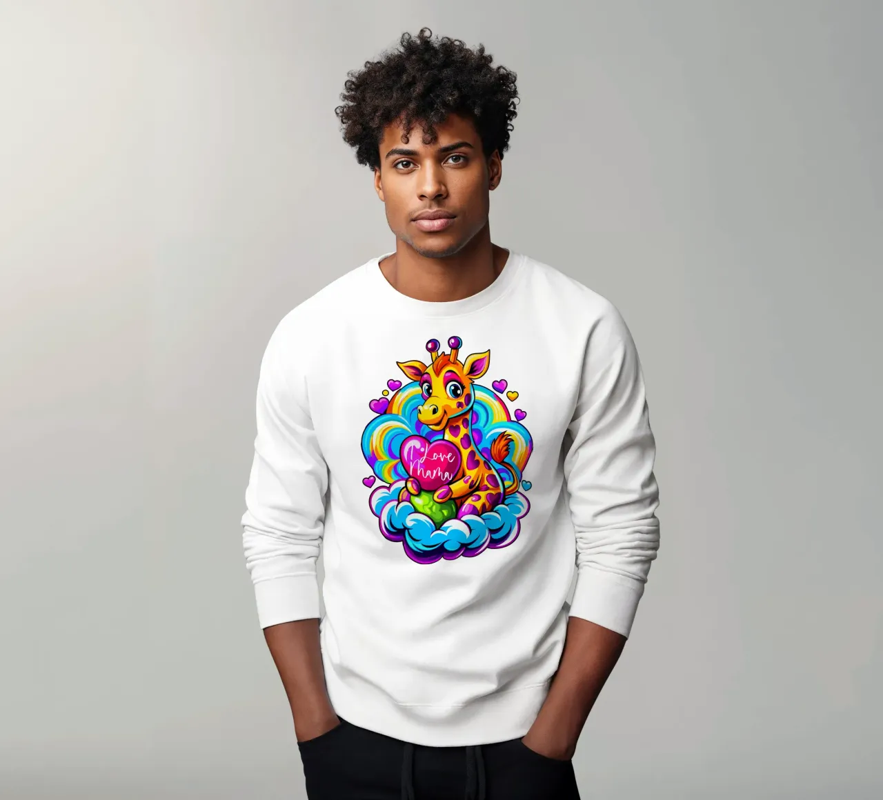 Niedliche Giraffe umarmt ein Herz Kissen auf einer Wolke - Benutzerdefinierte hinzufügen Sweatshirt von Artnesia
