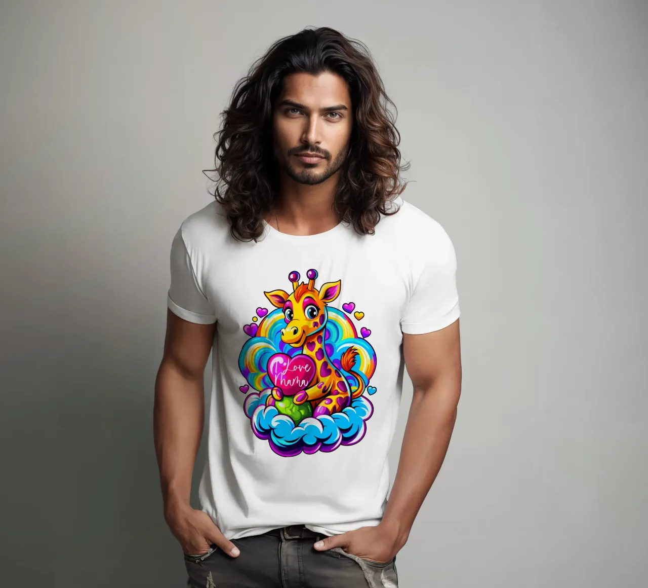 Cute Giraffe Hugging a Heart Pillow on a Cloud - Add Custom t-shirt by Artnesia