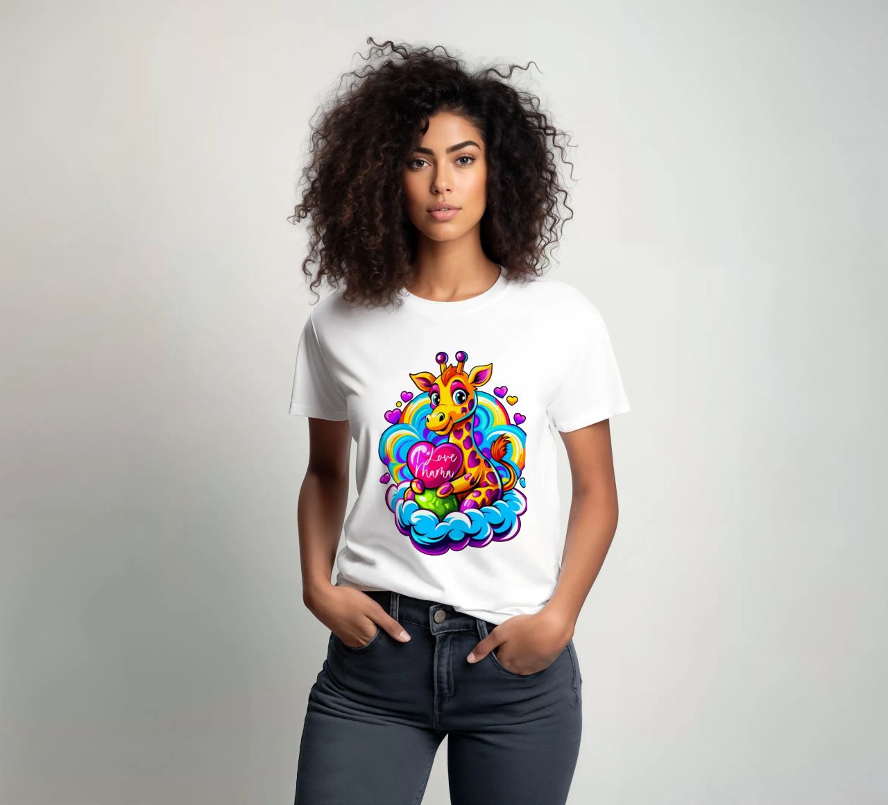 Cute Giraffe Hugging a Heart Pillow on a Cloud - Add Custom t-shirt by Artnesia