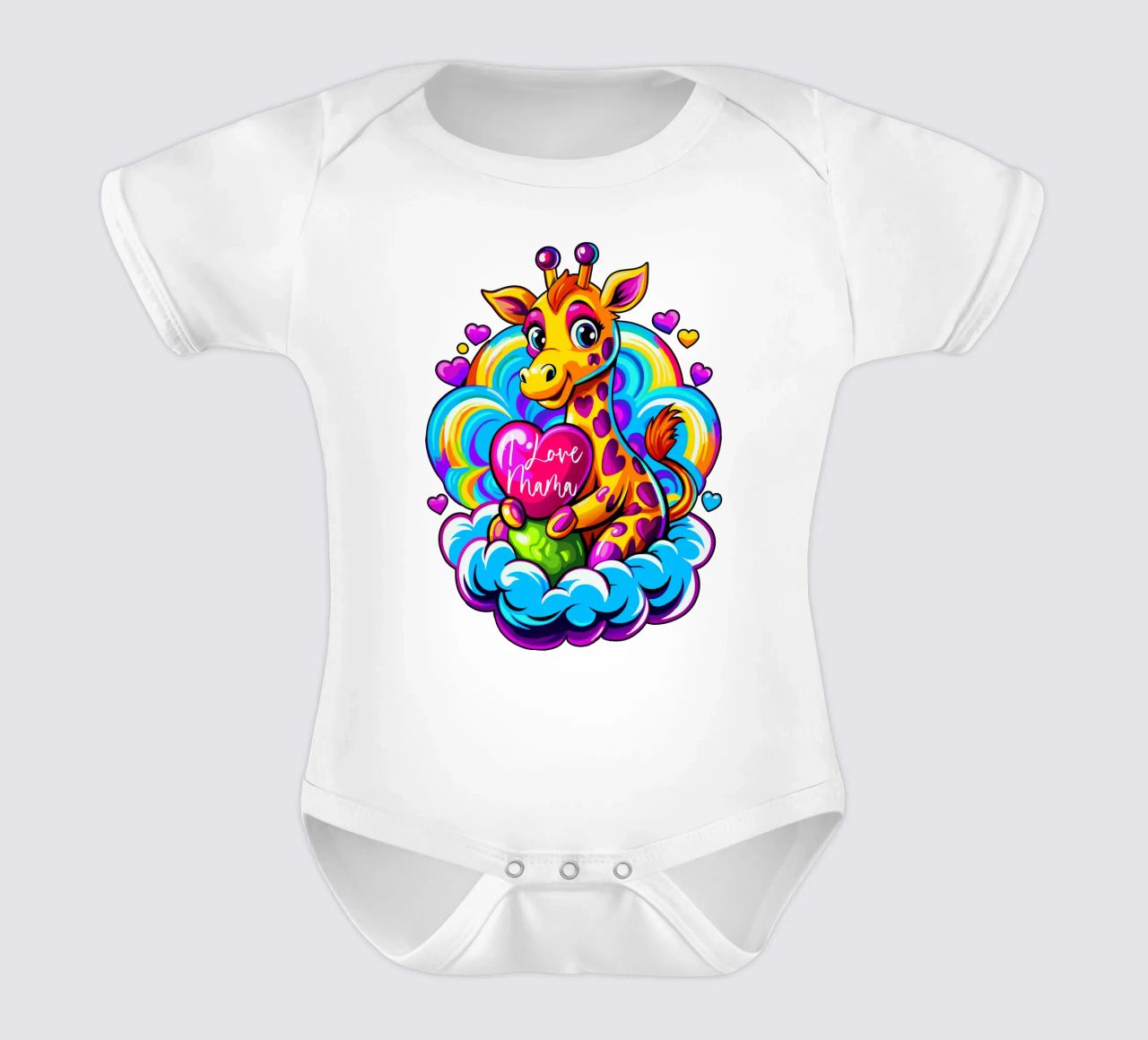 Cute Giraffe Hugging a Heart Pillow on a Cloud - Add Custom short-sleeve baby romper by Artnesia