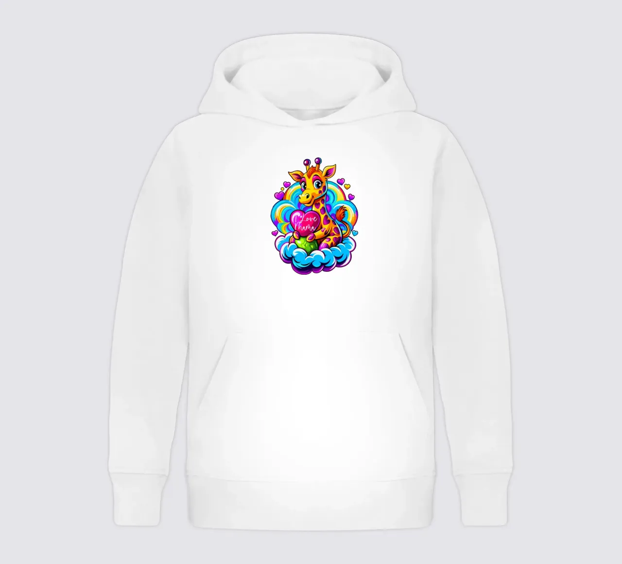 Simpatica giraffa che abbraccia un cuore su una nuvola - Aggiungi Personalizzato felpa bambino con cappuccio da Artnesia
