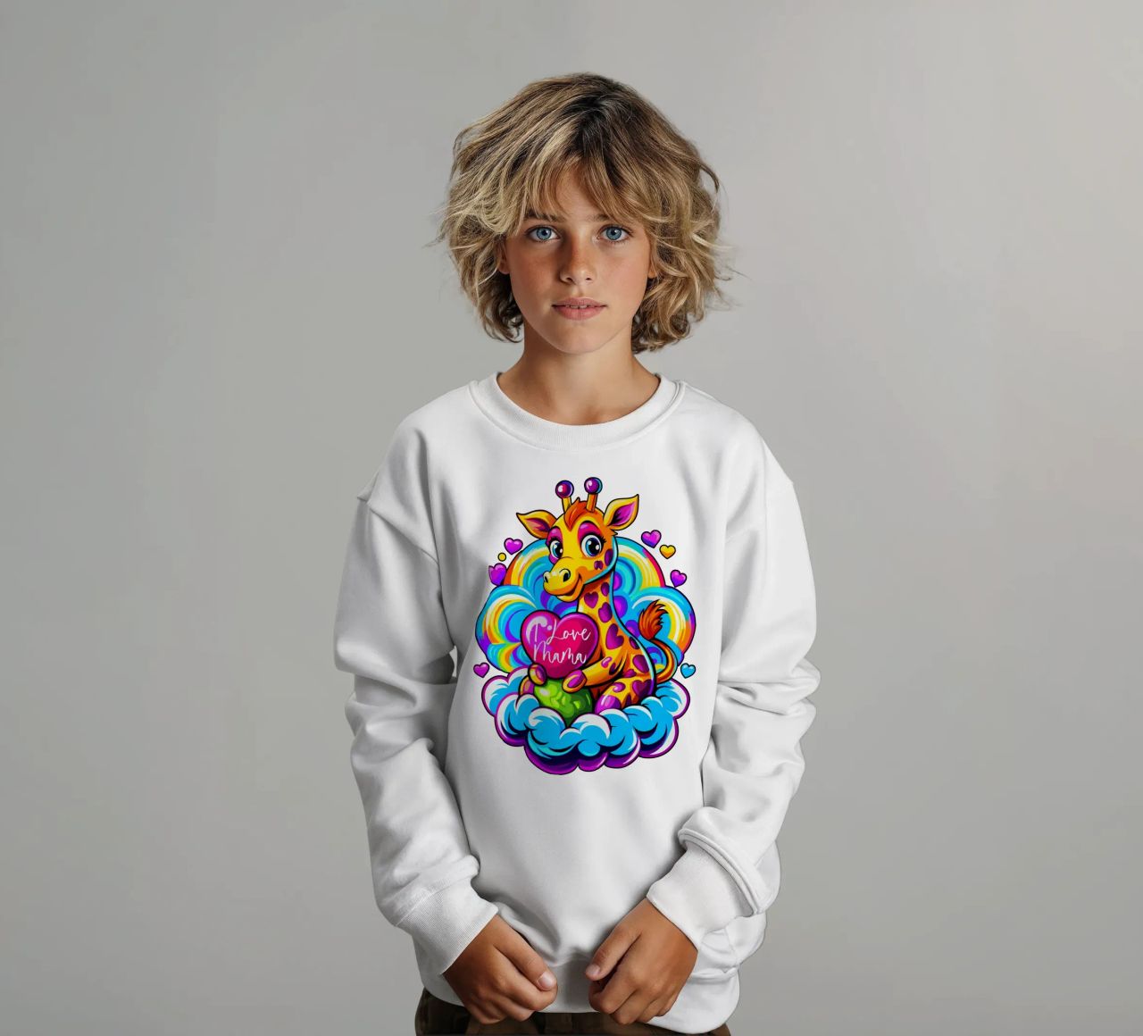 Simpatica giraffa che abbraccia un cuore su una nuvola - Aggiungi Personalizzato felpa bambino da Artnesia