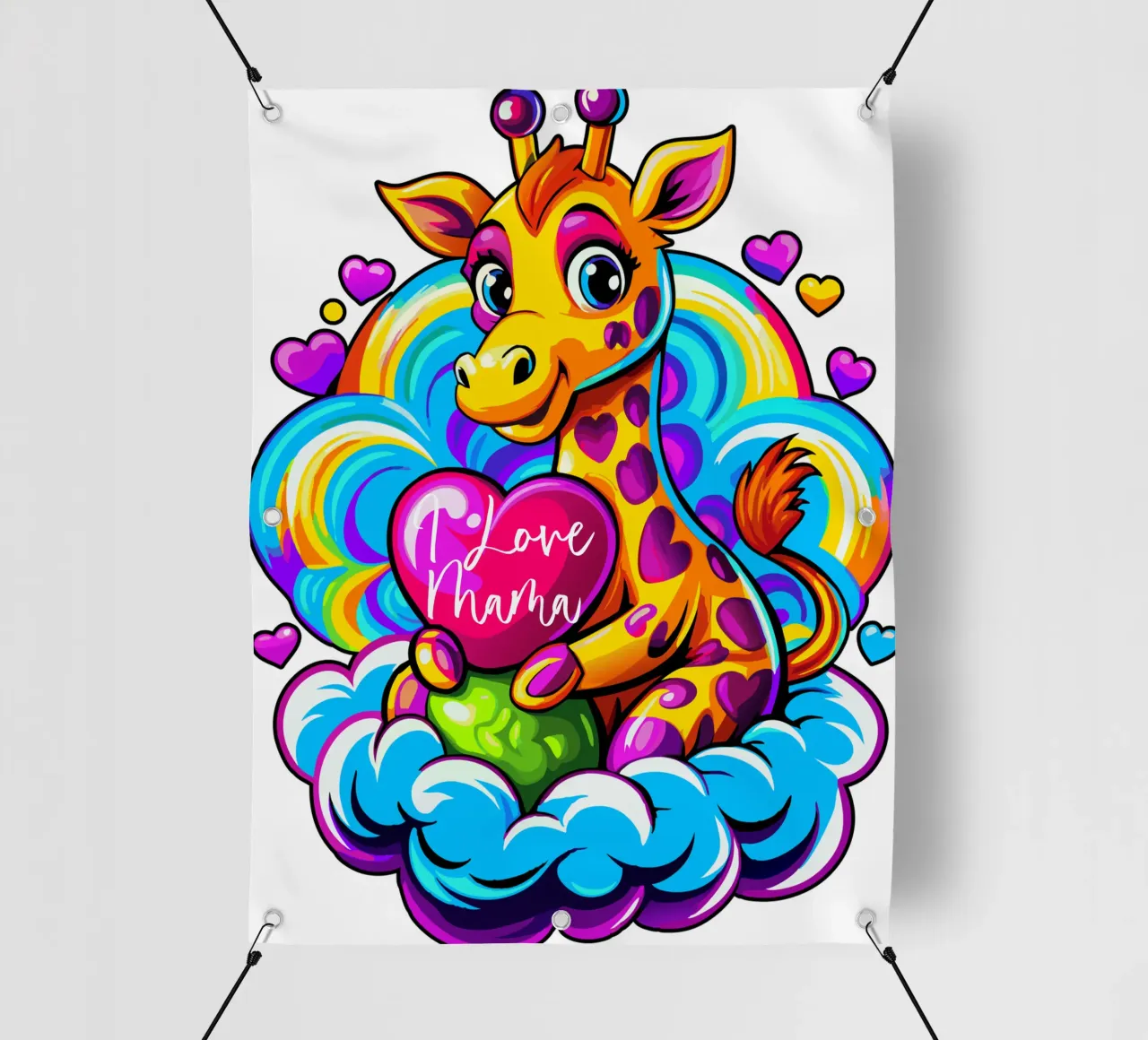 Simpatica giraffa che abbraccia un cuore su una nuvola - Aggiungi Personalizzato telo in pvc da Artnesia