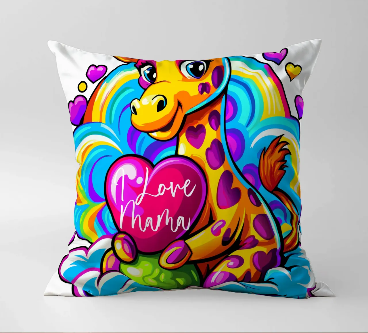 Cute Giraffe Hugging a Heart Pillow on a Cloud - Add Custom decorative cushion by Artnesia