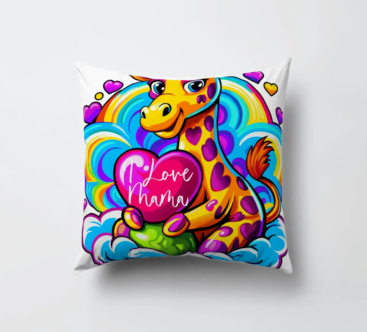 Cute Giraffe Hugging a Heart Pillow on a Cloud - Add Custom decorative cushion by Artnesia