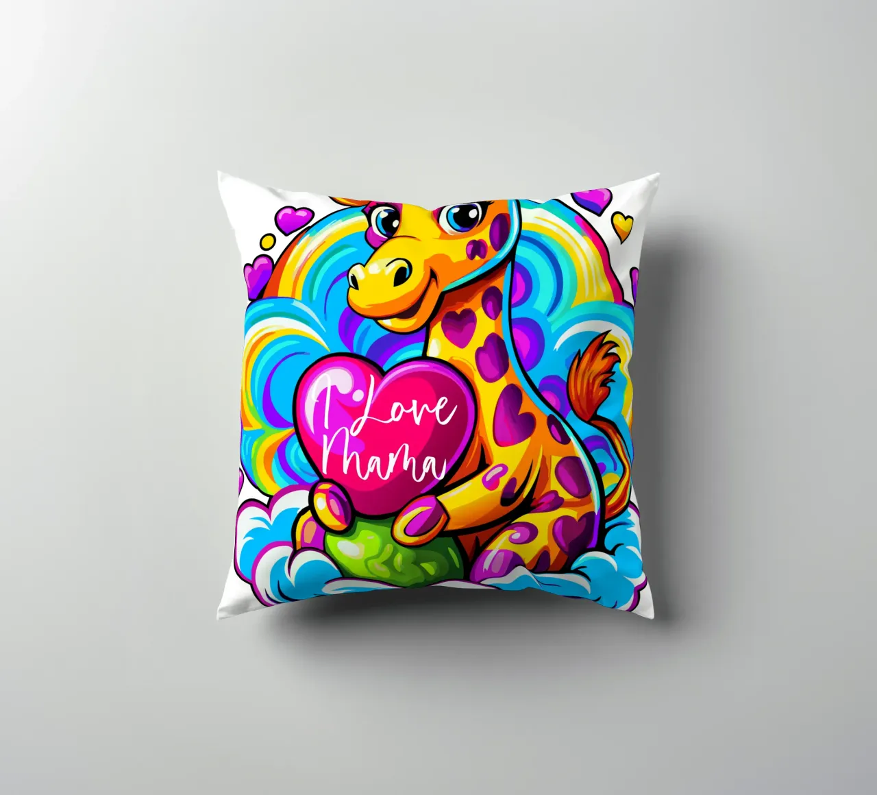 Cute Giraffe Hugging a Heart Pillow on a Cloud - Add Custom decorative cushion by Artnesia