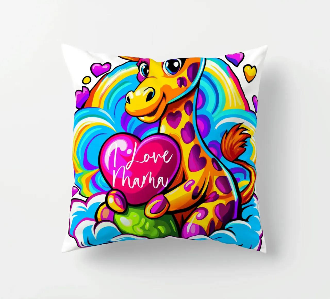 Cute Giraffe Hugging a Heart Pillow on a Cloud - Add Custom decorative cushion by Artnesia