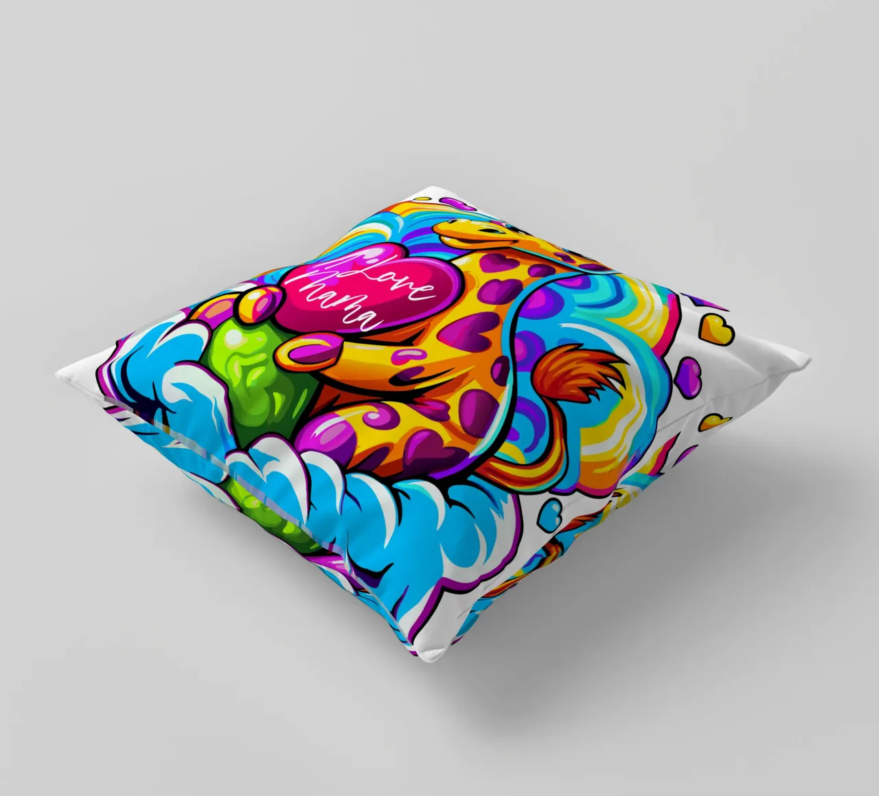 Cute Giraffe Hugging a Heart Pillow on a Cloud - Add Custom decorative cushion by Artnesia