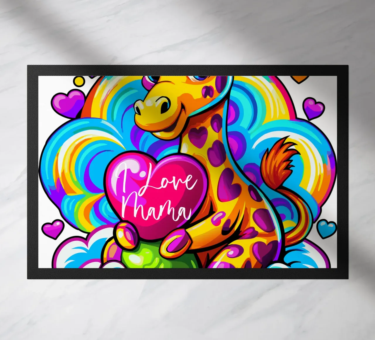 Cute Giraffe Hugging a Heart Pillow on a Cloud - Add Custom doormat by Artnesia