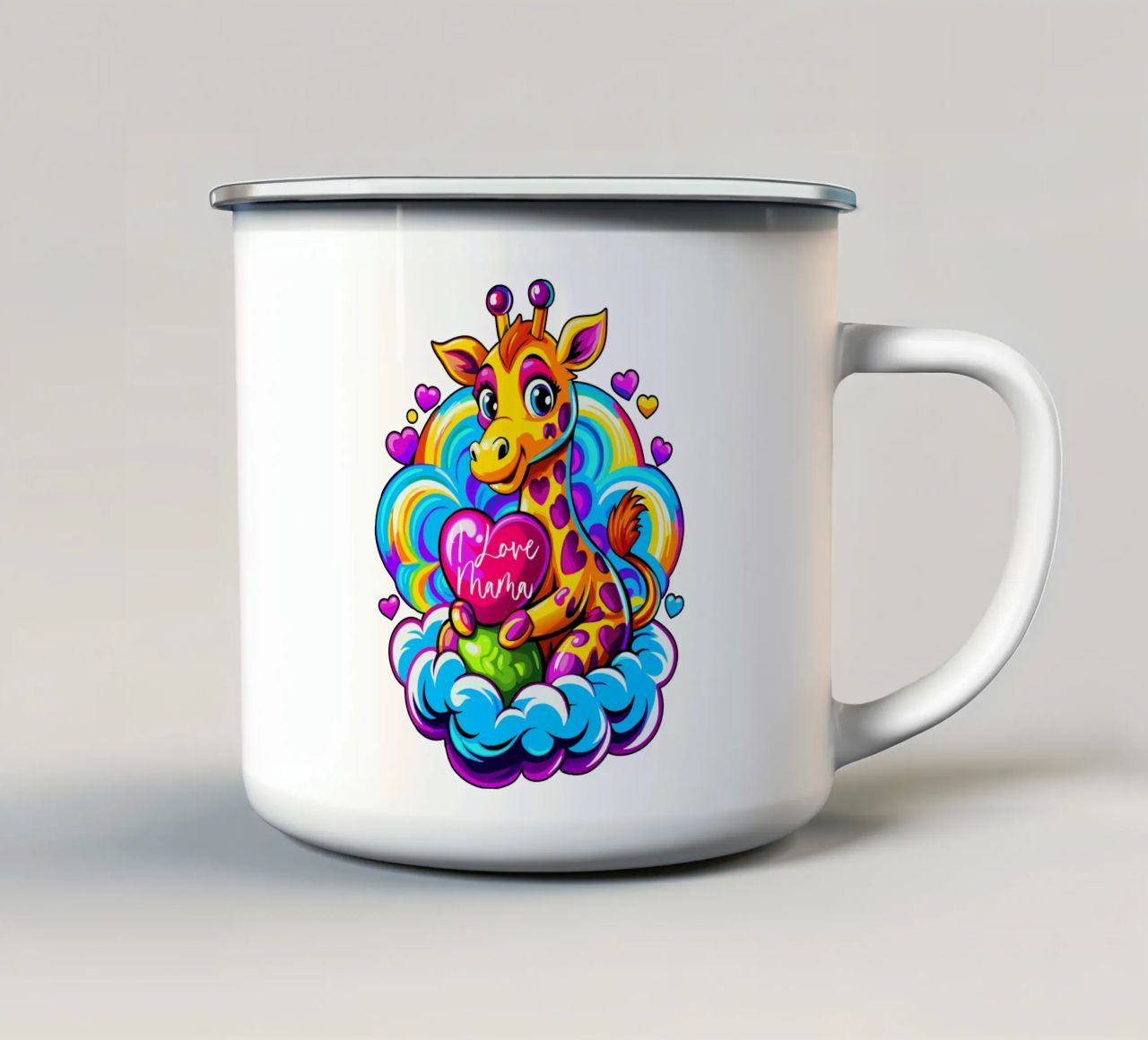Simpatica giraffa che abbraccia un cuore su una nuvola - Aggiungi Personalizzato tazza in smalto da Artnesia