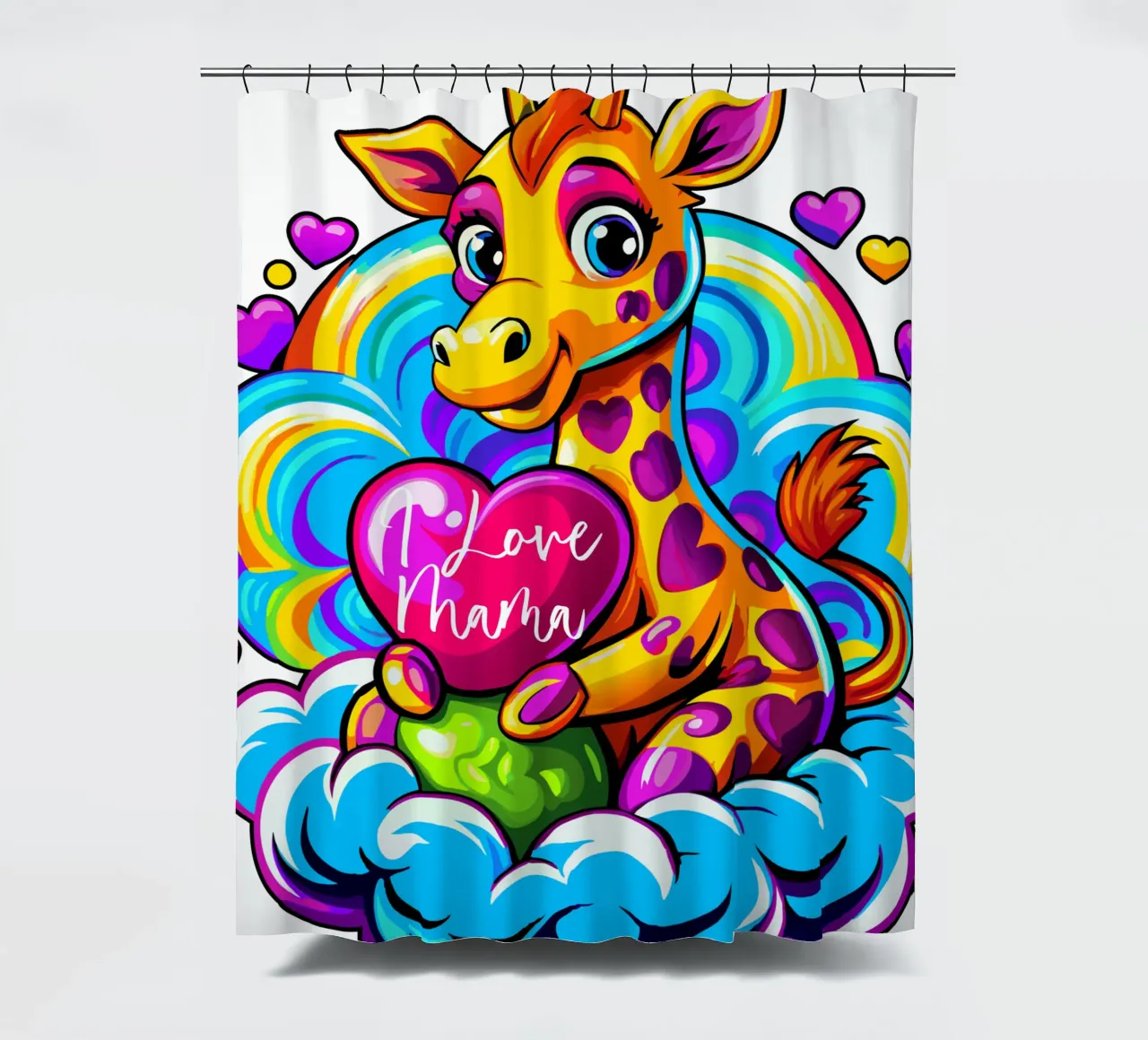 Cute Giraffe Hugging a Heart Pillow on a Cloud - Add Custom shower curtain by Artnesia