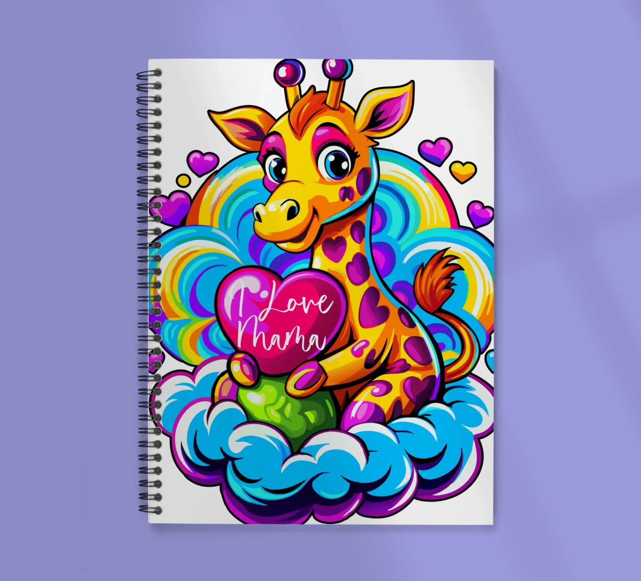 Cute Giraffe Hugging a Heart Pillow on a Cloud - Add Custom spiral notebook by Artnesia