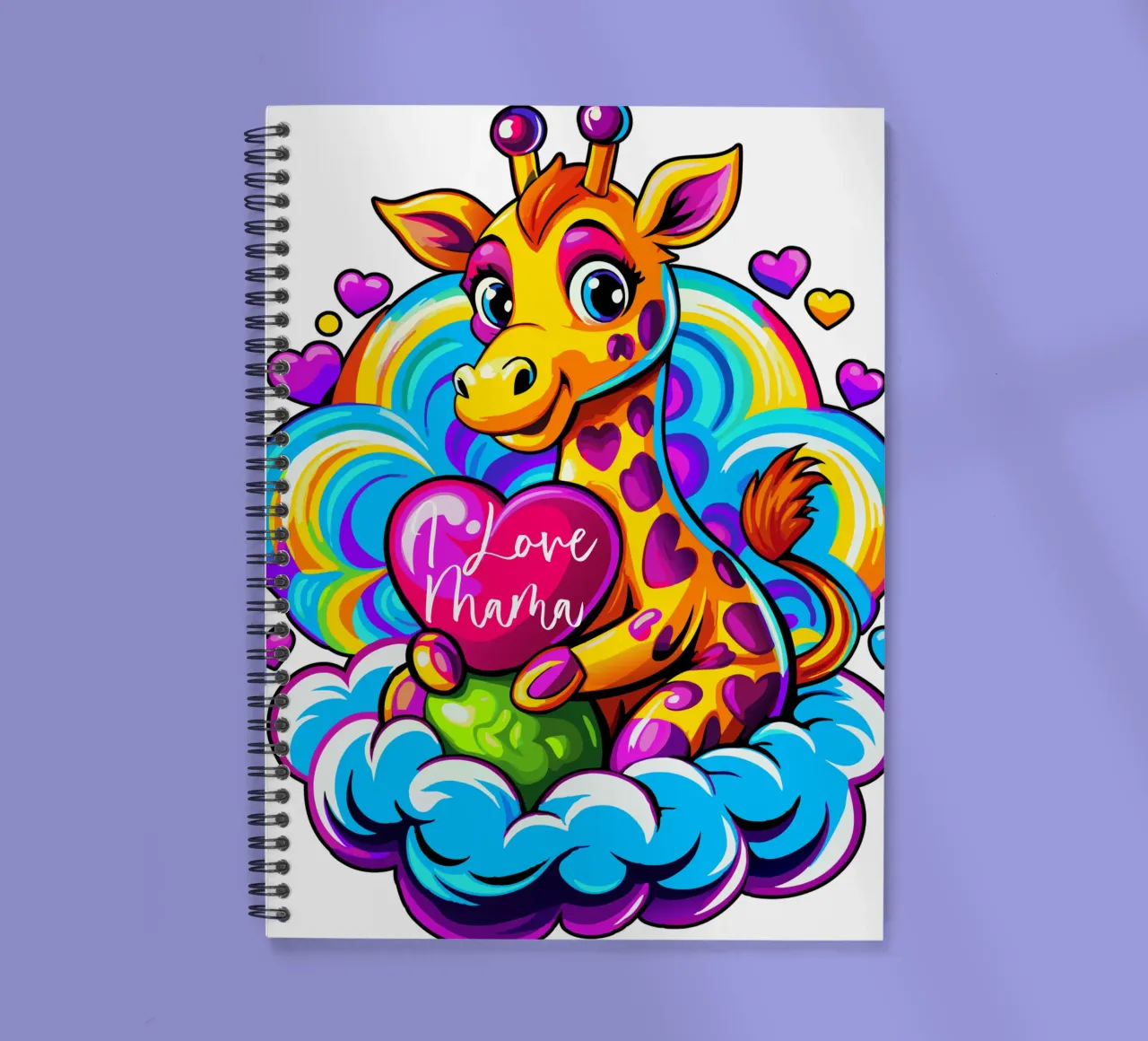 Cute Giraffe Hugging a Heart Pillow on a Cloud - Add Custom spiral notebook by Artnesia