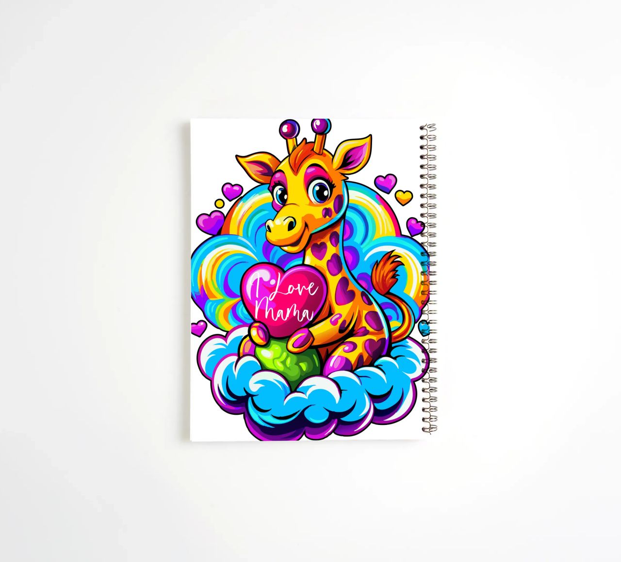 Cute Giraffe Hugging a Heart Pillow on a Cloud - Add Custom spiral notebook by Artnesia