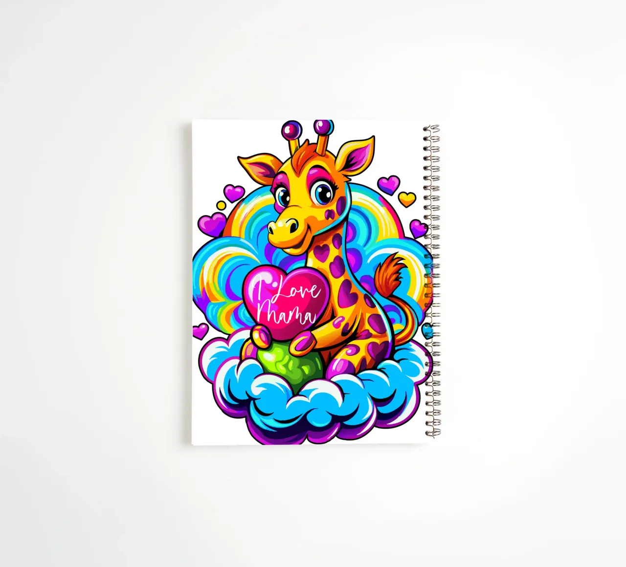 Oreiller en forme de girafe serrant un coeur sur un nuage - Ajouter un produit personnalisé carnet à spirale de Artnesia