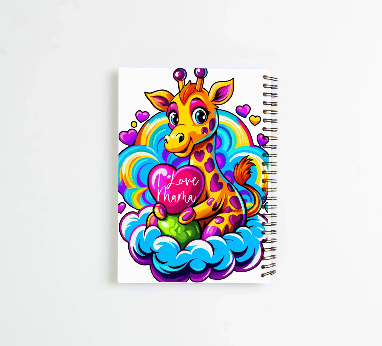 Cute Giraffe Hugging a Heart Pillow on a Cloud - Add Custom spiral notebook by Artnesia