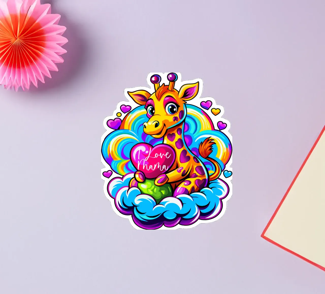 Niedliche Giraffe umarmt ein Herz Kissen auf einer Wolke - Benutzerdefinierte hinzufügen Sticker von Artnesia