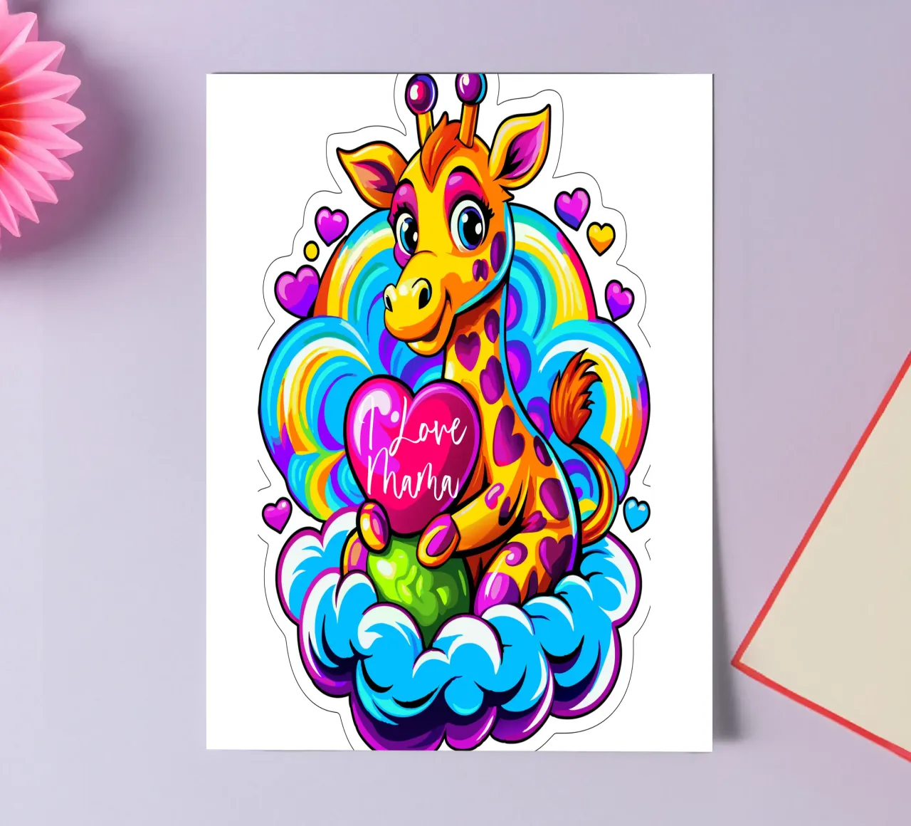 Oreiller en forme de girafe serrant un coeur sur un nuage - Ajouter un produit personnalisé planche autocollant de Artnesia
