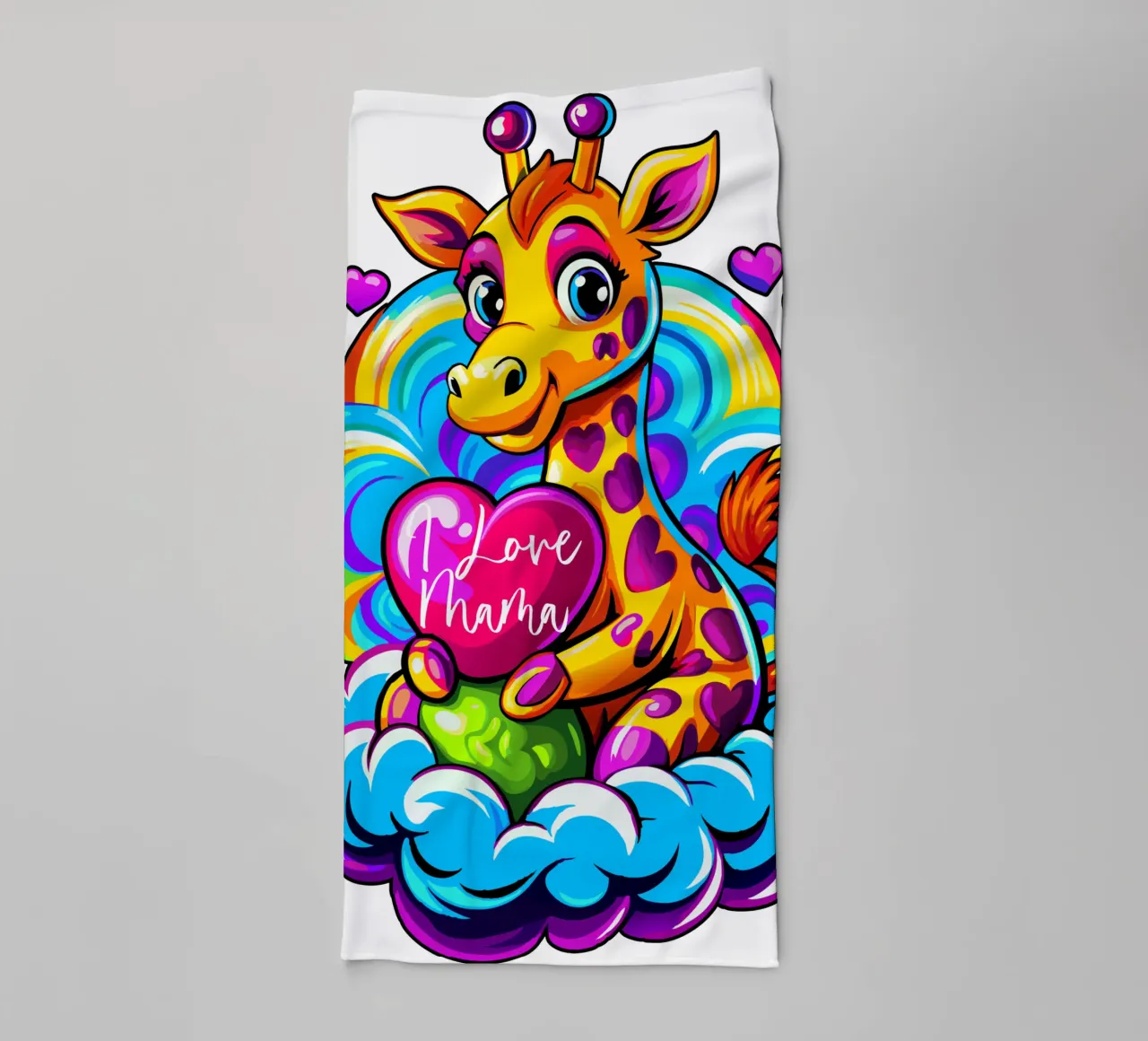 Simpatica giraffa che abbraccia un cuore su una nuvola - Aggiungi Personalizzato asciugamano da bagno da Artnesia