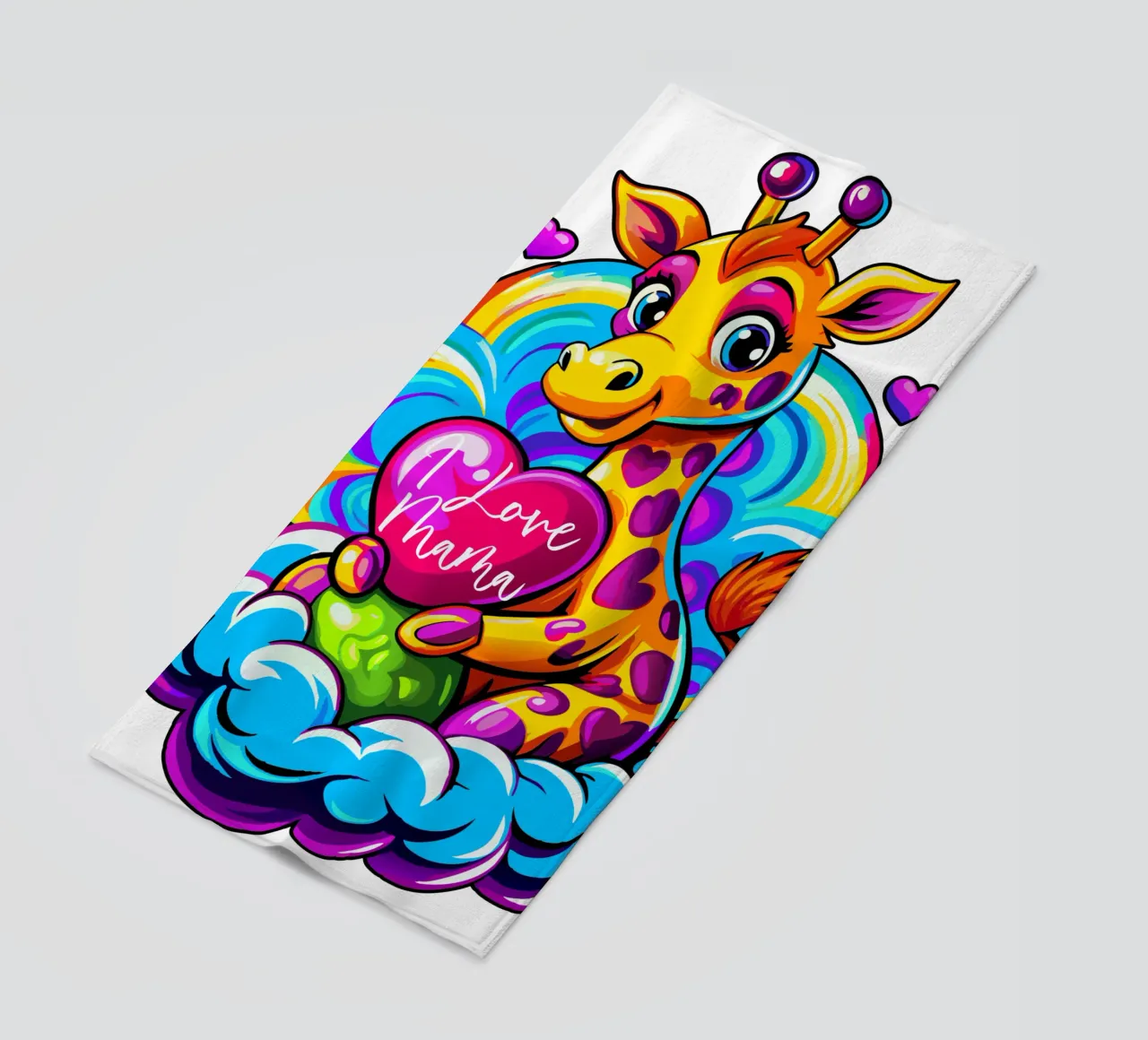 Cute Giraffe Hugging a Heart Pillow on a Cloud - Add Custom beach towel by Artnesia
