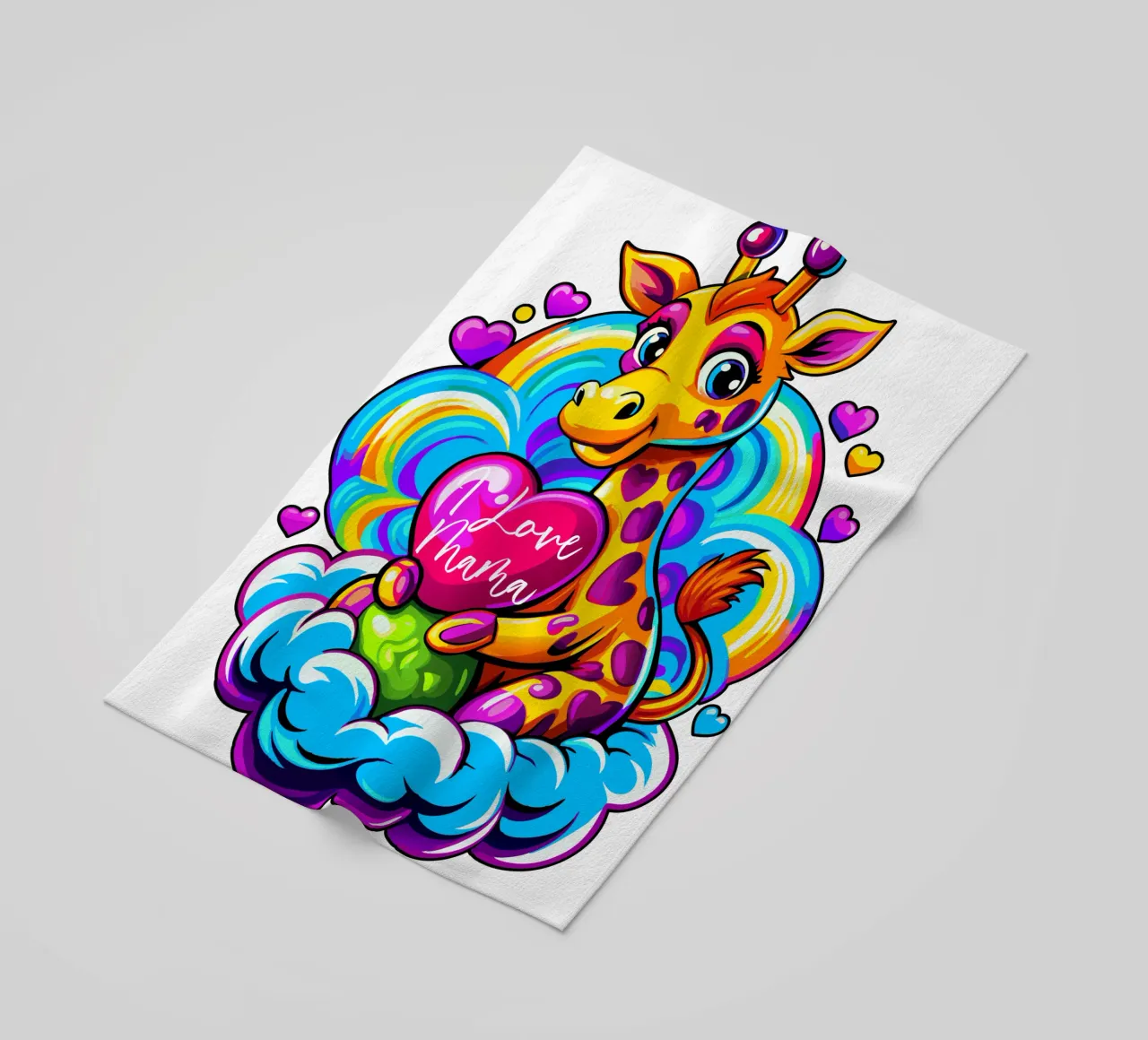 Cute Giraffe Hugging a Heart Pillow on a Cloud - Add Custom beach towel by Artnesia