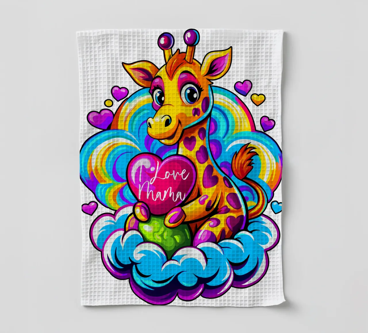 Cute Giraffe Hugging a Heart Pillow on a Cloud - Add Custom tea towel by Artnesia