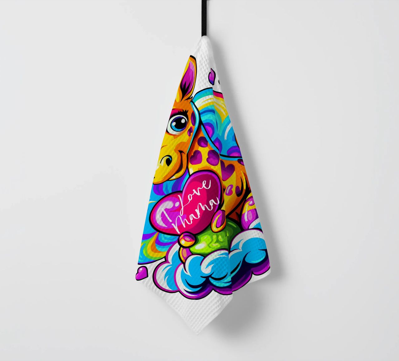 Cute Giraffe Hugging a Heart Pillow on a Cloud - Add Custom tea towel by Artnesia