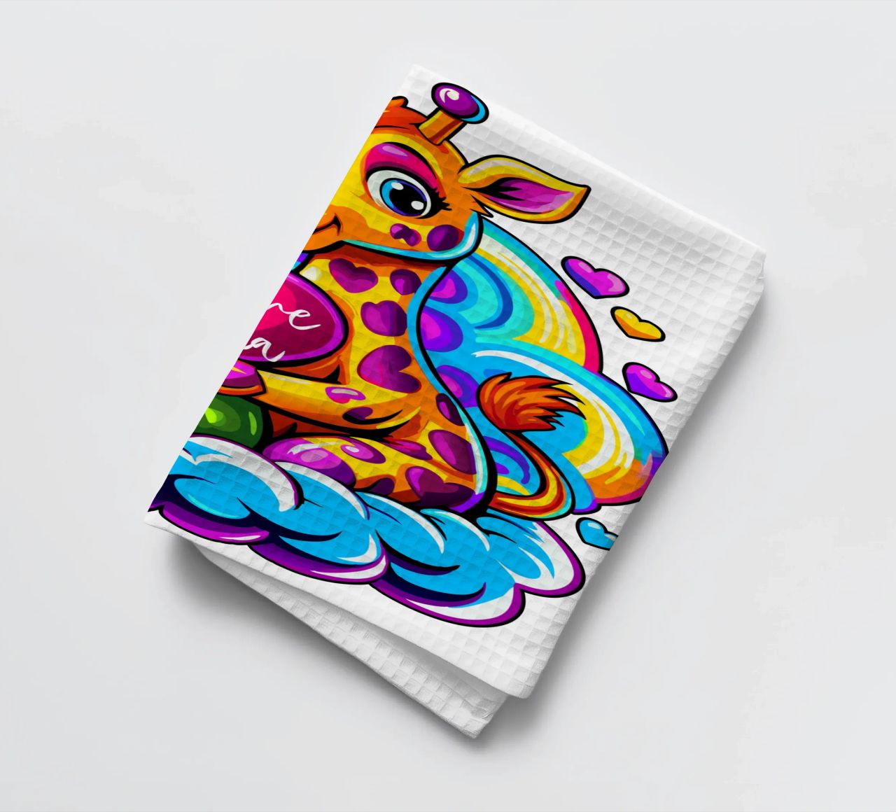 Cute Giraffe Hugging a Heart Pillow on a Cloud - Add Custom tea towel by Artnesia