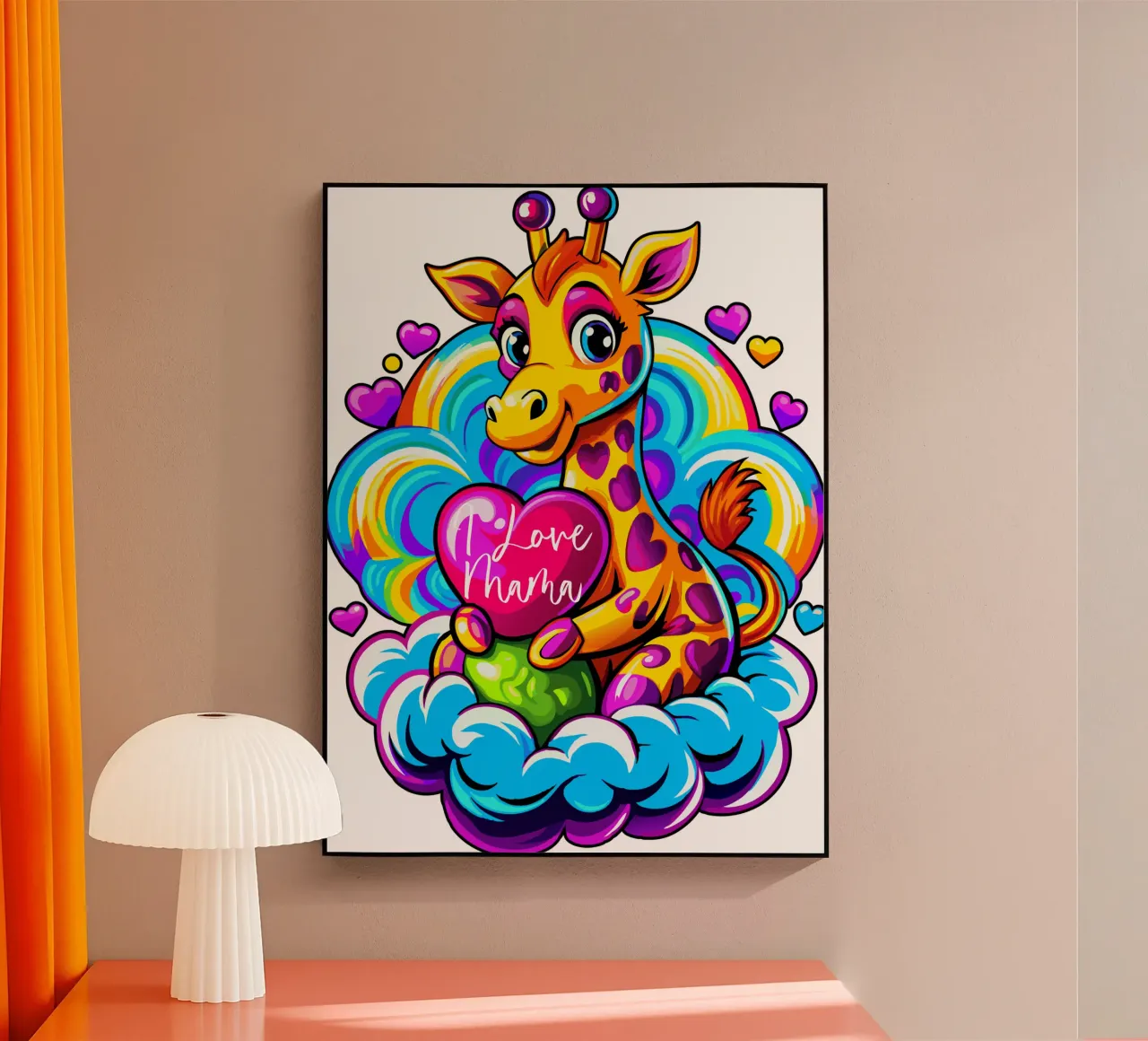Oreiller en forme de girafe serrant un coeur sur un nuage - Ajouter un produit personnalisé plexiglas de Artnesia