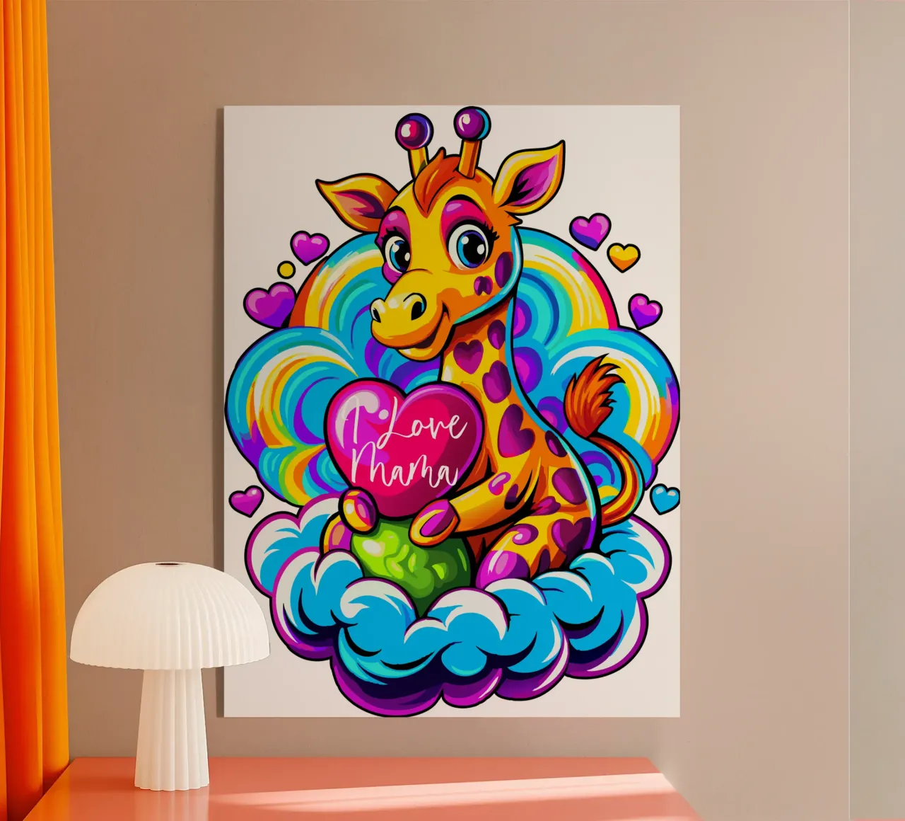 Simpatica giraffa che abbraccia un cuore su una nuvola - Aggiungi Personalizzato plexiglass da Artnesia