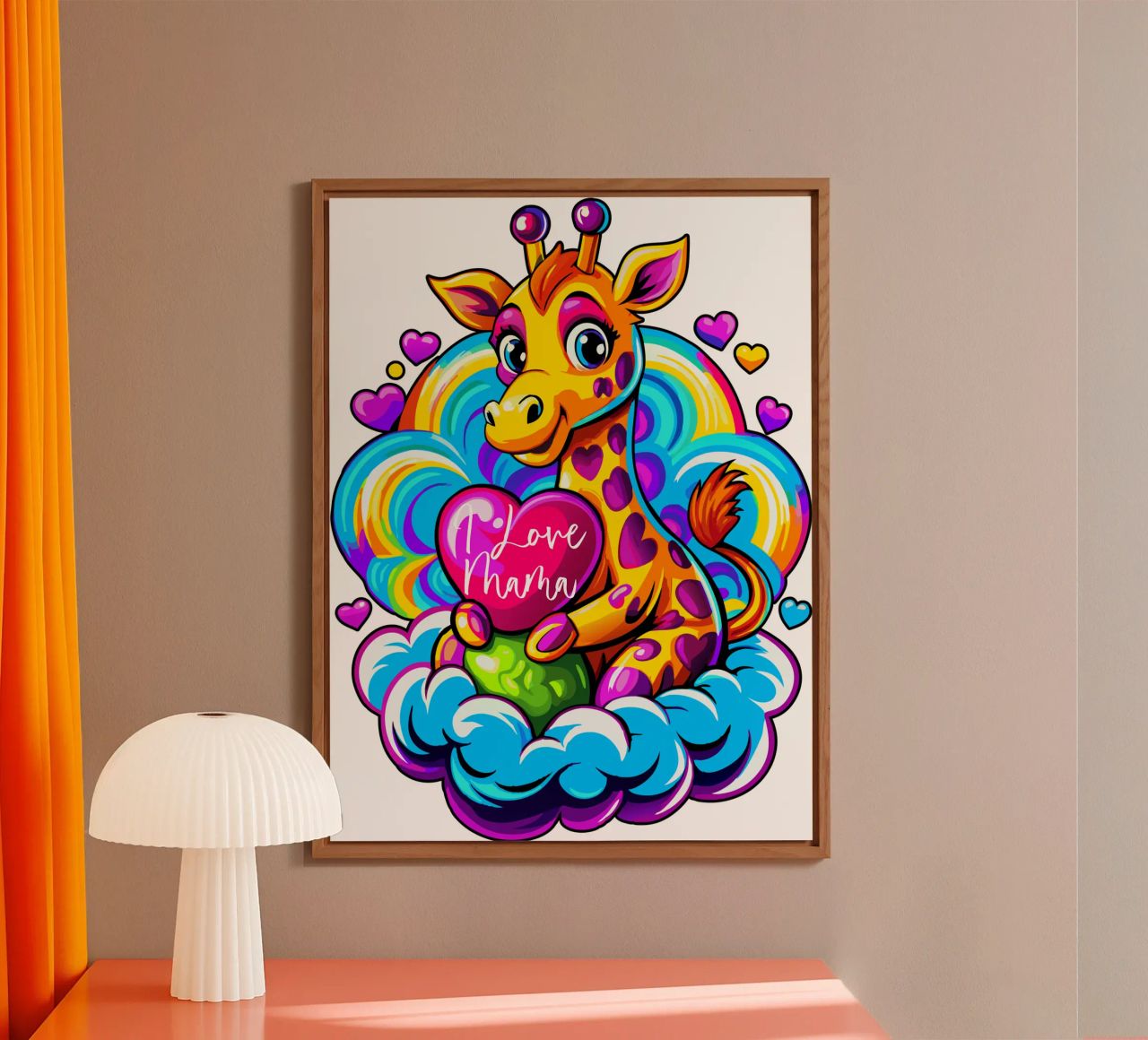 Cute Giraffe Hugging a Heart Pillow on a Cloud - Add Custom alu-dibond by Artnesia