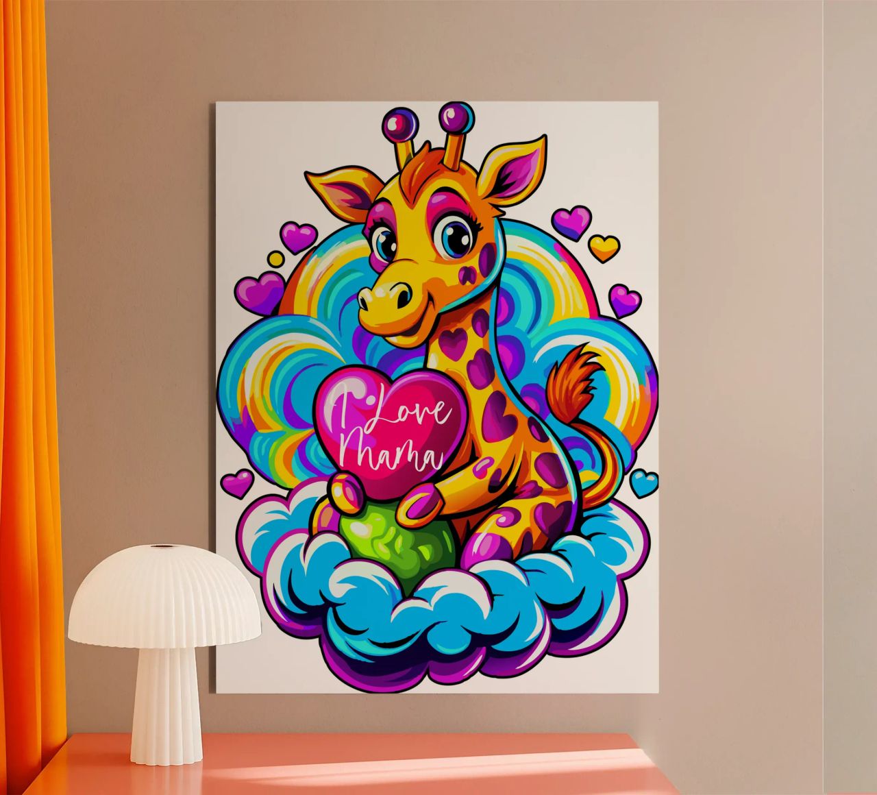 Cute Giraffe Hugging a Heart Pillow on a Cloud - Add Custom alu-dibond by Artnesia