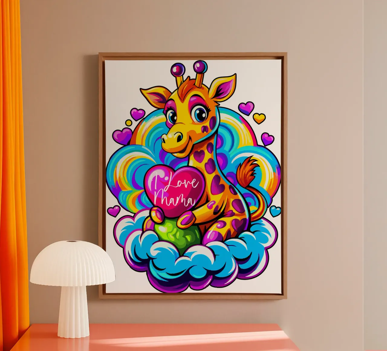 Cute Giraffe Hugging a Heart Pillow on a Cloud - Add Custom canvas by Artnesia