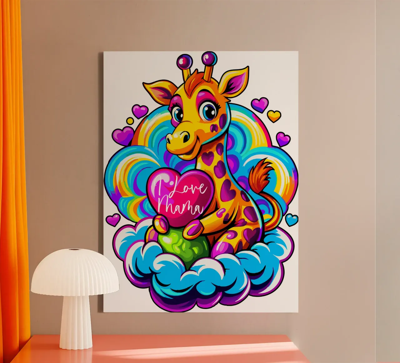 Cute Giraffe Hugging a Heart Pillow on a Cloud - Add Custom canvas by Artnesia