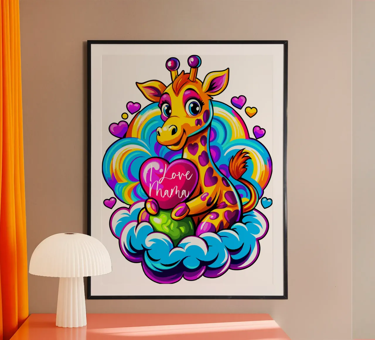 Cute Giraffe Hugging a Heart Pillow on a Cloud - Add Custom hahnemühle by Artnesia