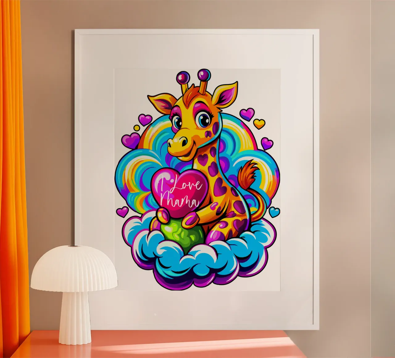 Cute Giraffe Hugging a Heart Pillow on a Cloud - Add Custom hahnemühle by Artnesia