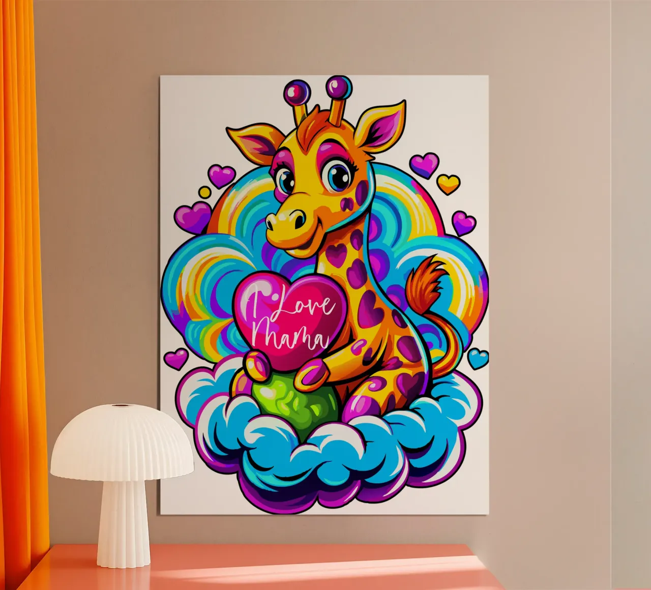 Cute Giraffe Hugging a Heart Pillow on a Cloud - Add Custom hahnemühle by Artnesia