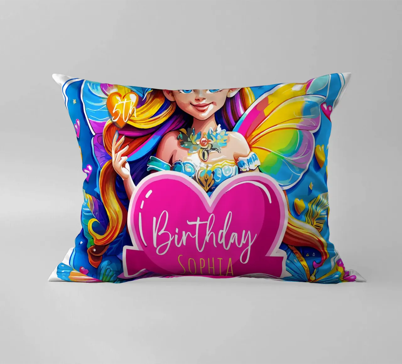 Art magique de la fée au cœur d'arc-en-ciel - Ajouter un événement, un nom, un âge coussin de Artnesia