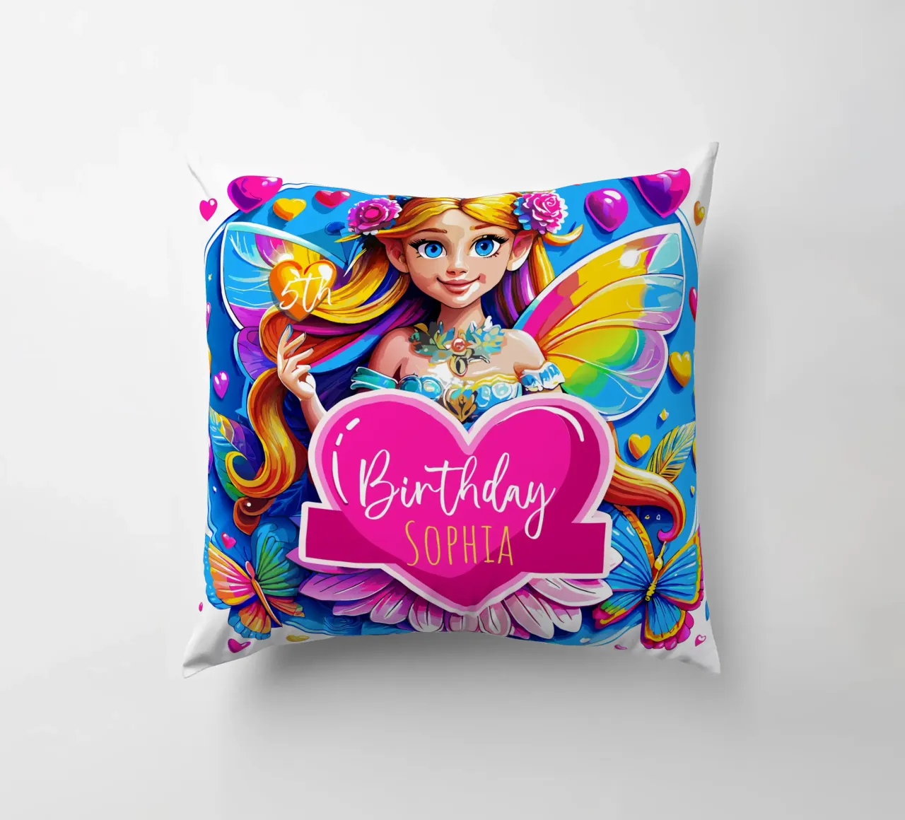 Art magique de la fée au cœur d'arc-en-ciel - Ajouter un événement, un nom, un âge coussin de Artnesia