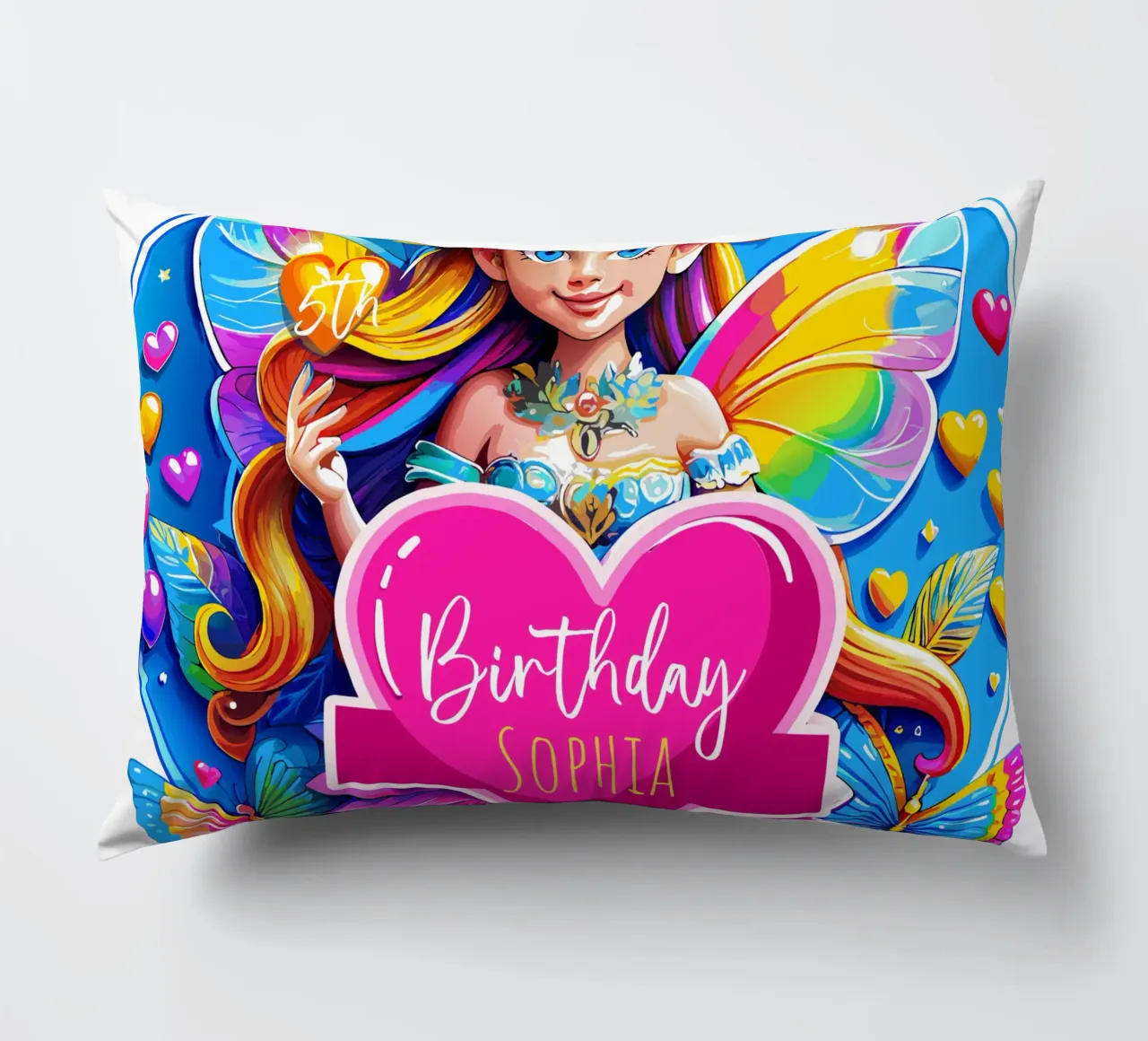 Art magique de la fée au cœur d'arc-en-ciel - Ajouter un événement, un nom, un âge coussin de Artnesia
