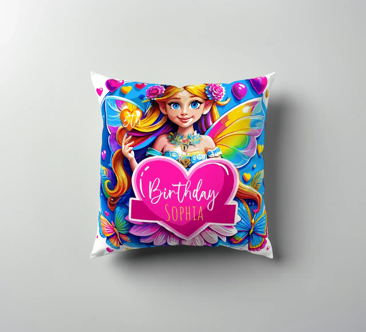 Art magique de la fée au cœur d'arc-en-ciel - Ajouter un événement, un nom, un âge coussin de Artnesia