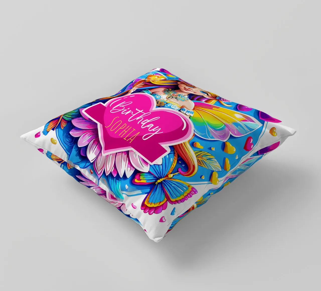 Art magique de la fée au cœur d'arc-en-ciel - Ajouter un événement, un nom, un âge coussin de Artnesia
